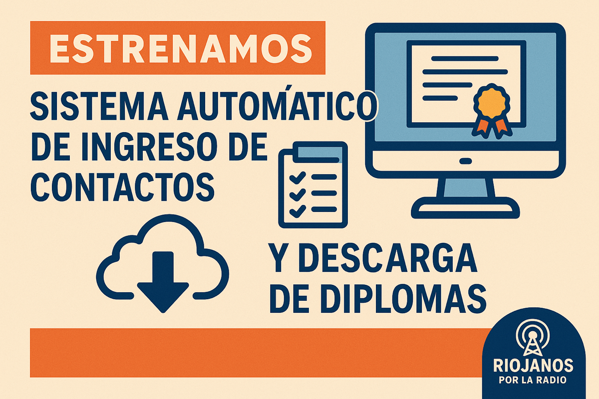 Gráfico promocional del nuevo sistema automático de subida de logs y descarga de diplomas de Riojanos por la Radio, con iconos de ordenador, nube y diploma